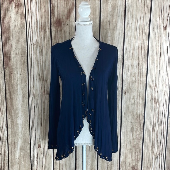 Fontana Sweaters - Fontana Navy Blue Open Front Cardigan w/Metal Eyelit & Ring Accents Small NWT